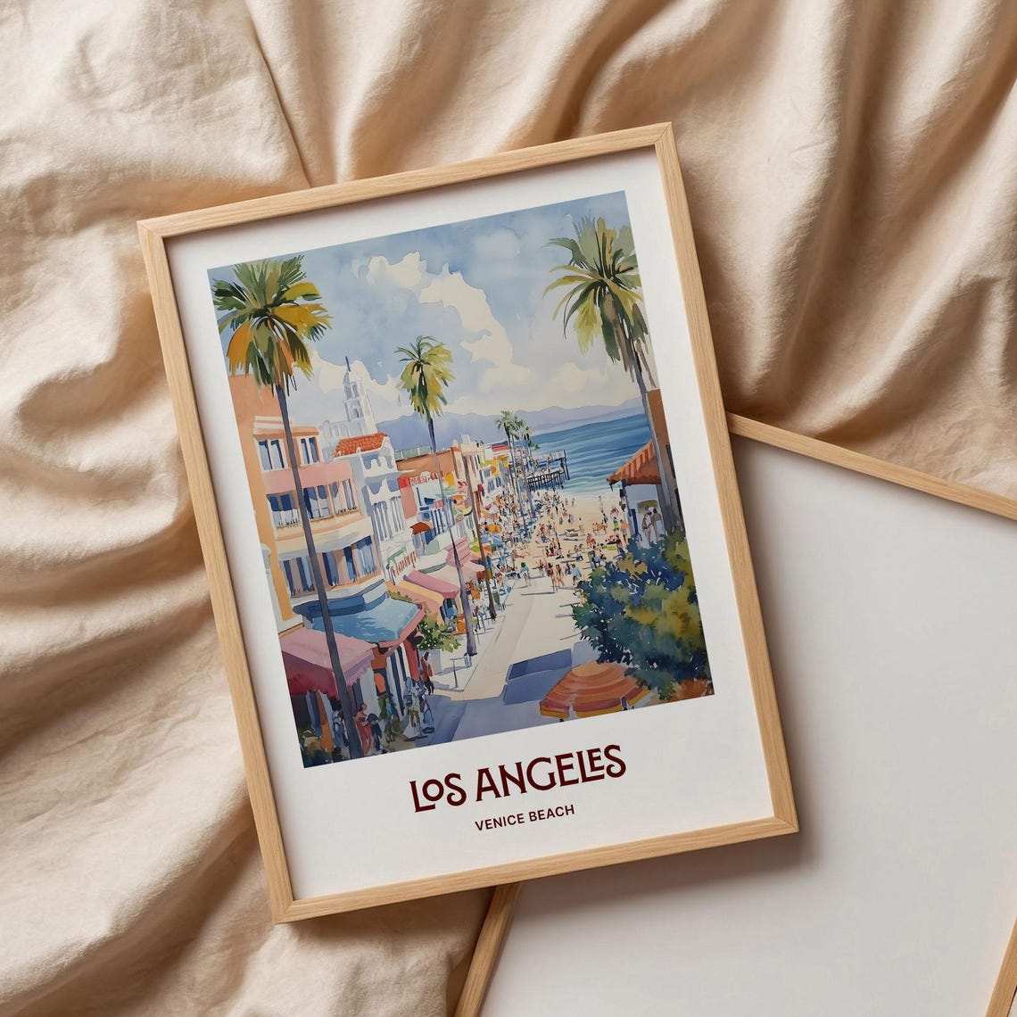 Los Angeles Venice Beach Watercolor Boardwalk Palms Ocean Scene Poster - Image 3