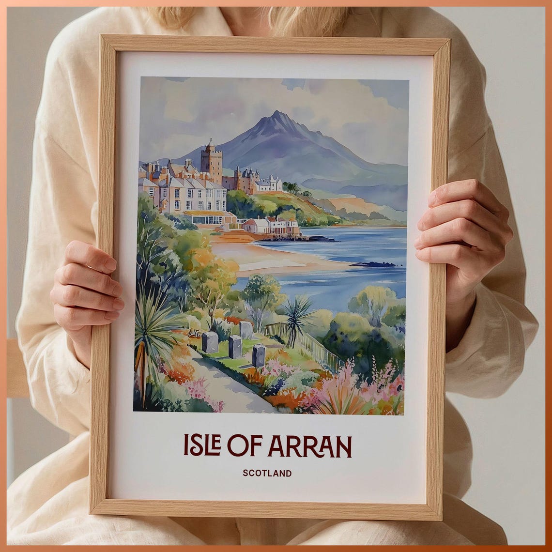 Isle of Arran Coastal Castle Mountain Bay Scotland Watercolor Poster