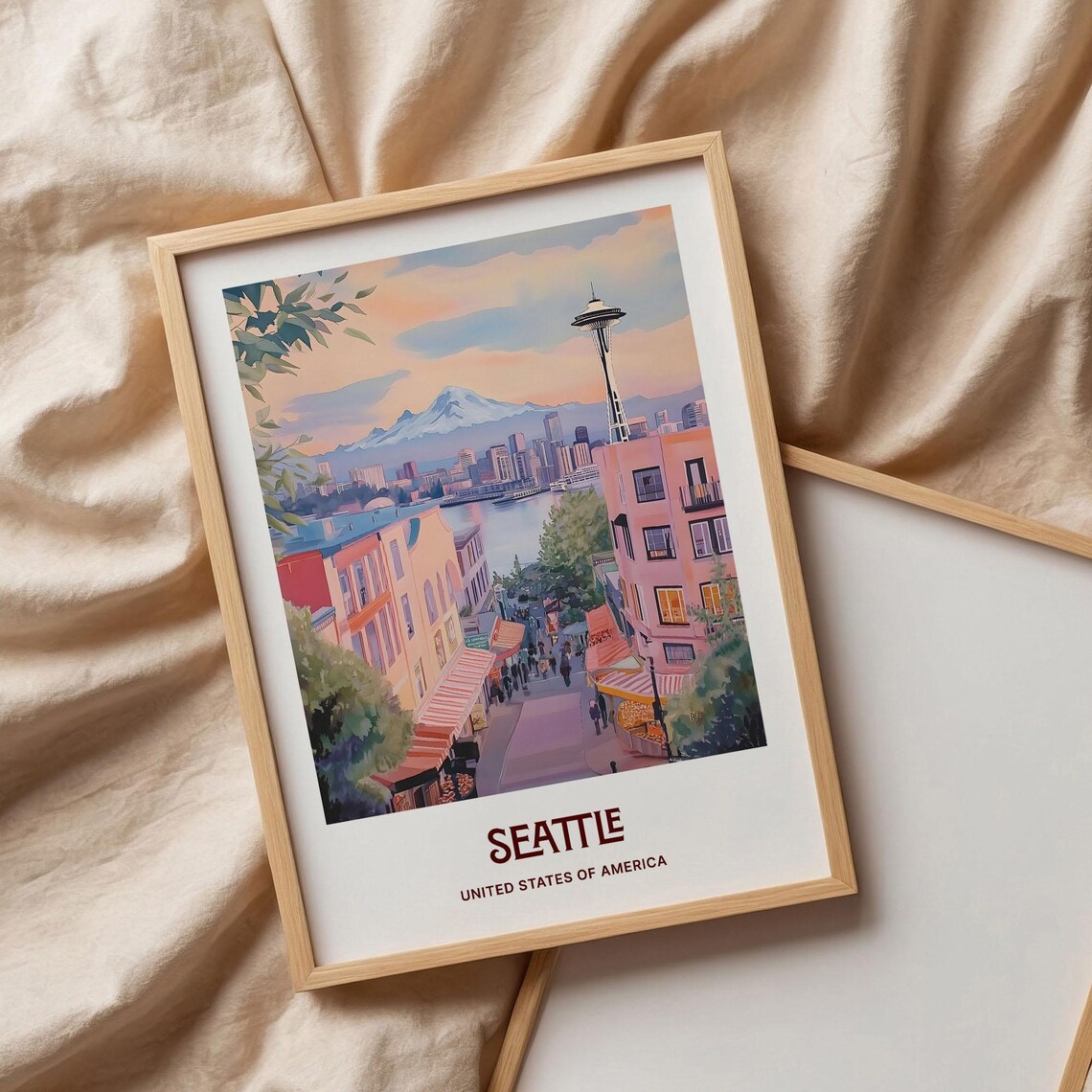 Seattle Space Needle Pike Place Market Skyline Watercolor Travel Poster - Image 3