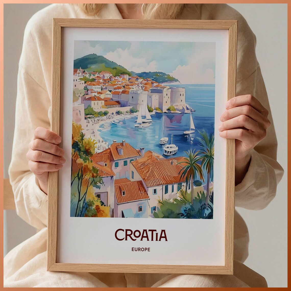 Croatia Dubrovnik Old Town Harbor Sailboats Watercolor Travel Art Poster