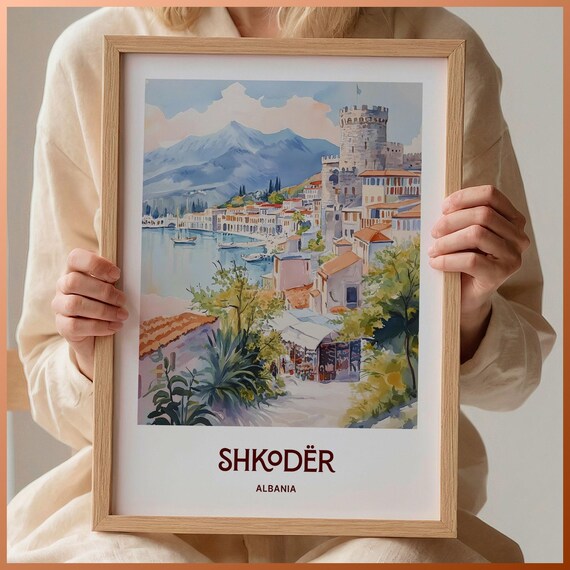 Shkoder Albania Watercolor Castle Lake Mountain Town Travel Poster