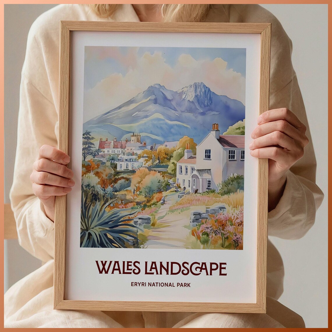 Wales Landscape Eryri National Park Watercolor Village Mountain View Poster