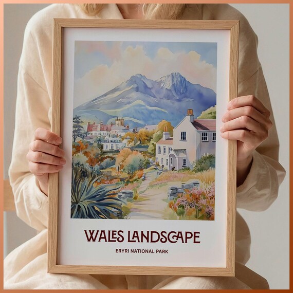 Wales Landscape Eryri National Park Watercolor Village Mountain View Poster