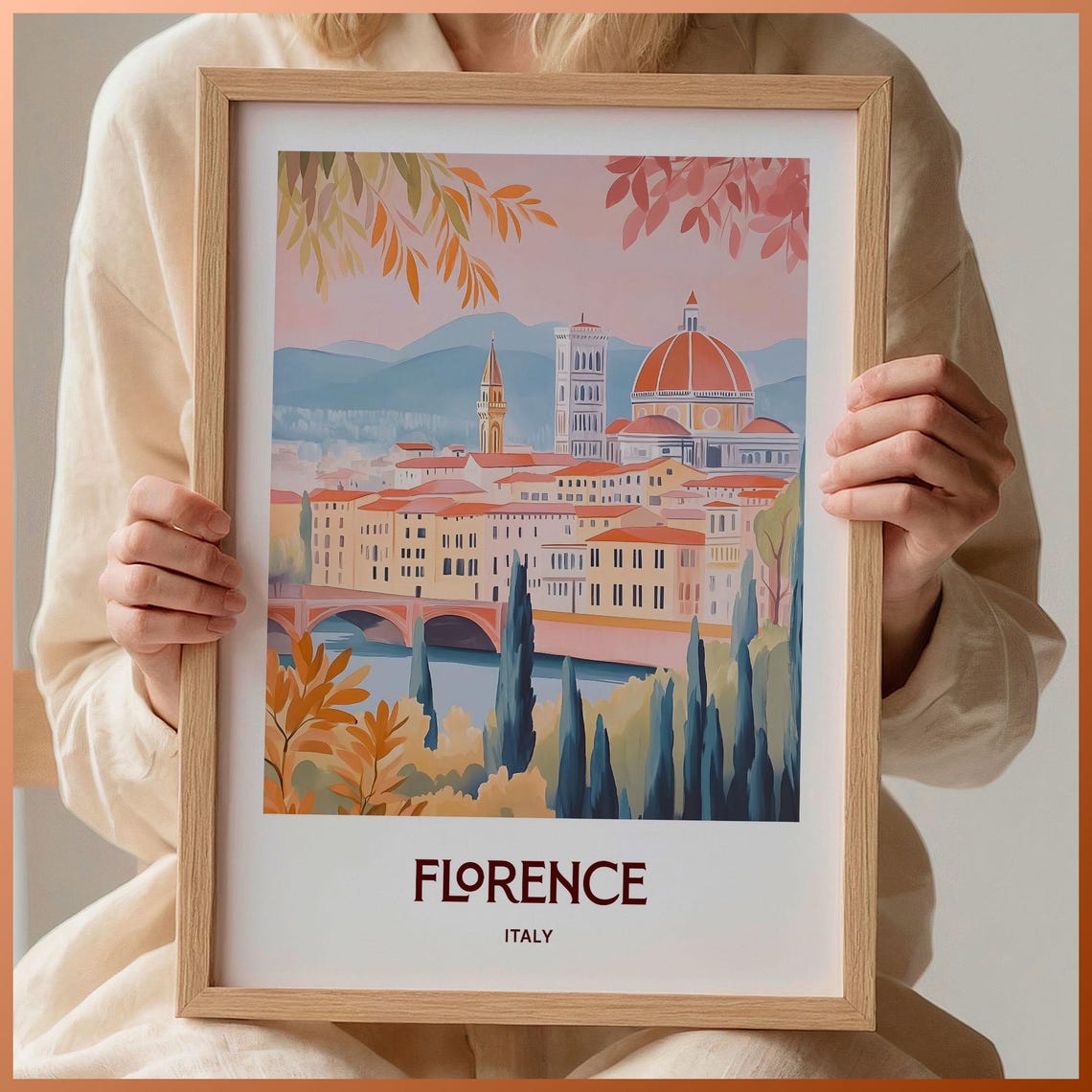Florence Italy Pastel Duomo Cathedral Arno Bridge Scene Poster