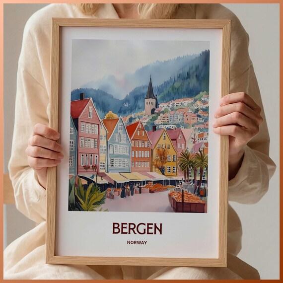 Bergen Bryggen Wharf Colorful Houses Norway Watercolor Poster