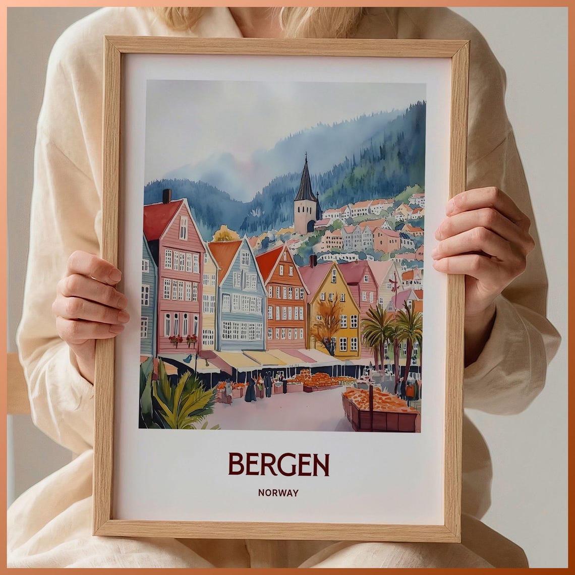 Bergen Bryggen Wharf Colorful Houses Norway Watercolor Poster