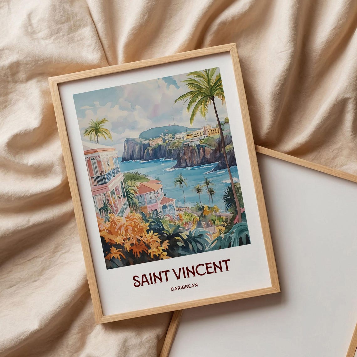 Saint Vincent Caribbean Tropical Coast Palms Watercolor Travel Poster - Image 3