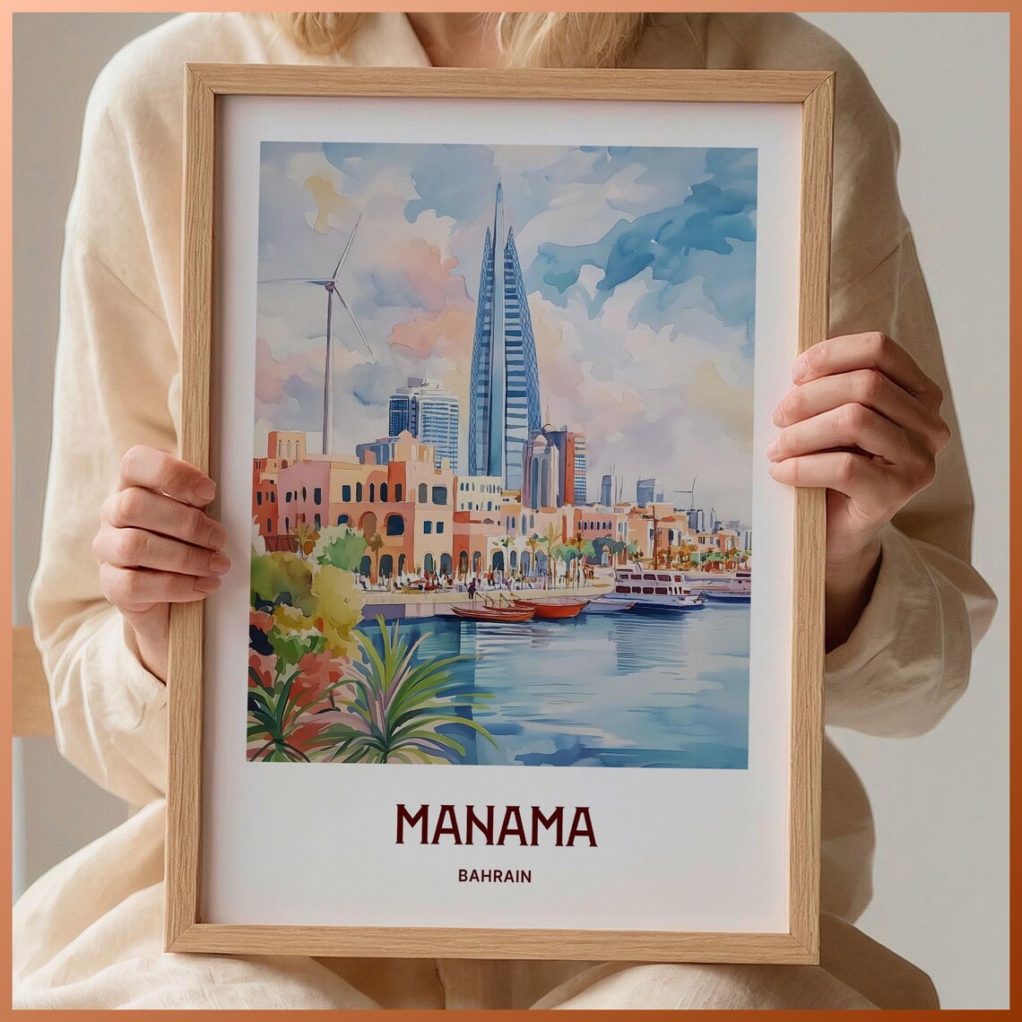 Manama Bahrain Skyline Harbor Towers Watercolor Travel Poster Gulf