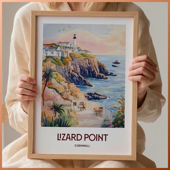 Lizard Point Cornwall Lighthouse Cliffs Watercolor Travel Poster