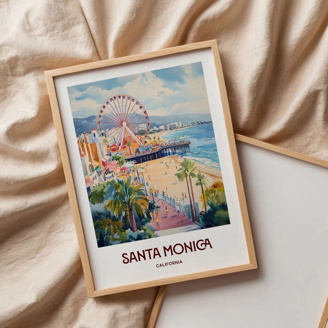 Santa Monica California Pier Ferris Wheel Watercolor Beach Poster - Image 3