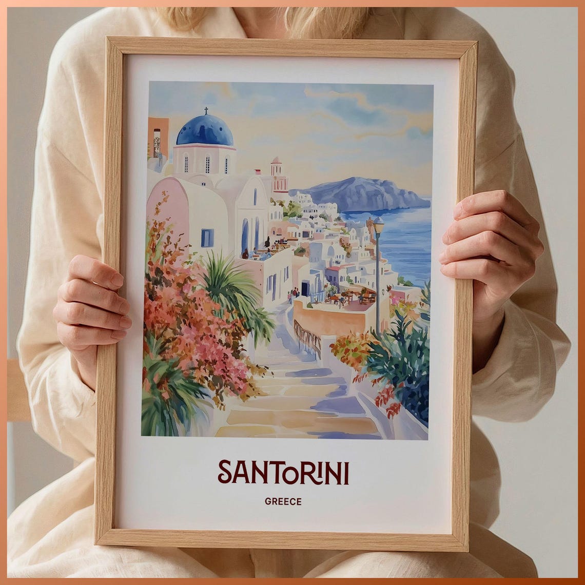 Santorini Greece Watercolor Blue Domes Island Caldera Poster