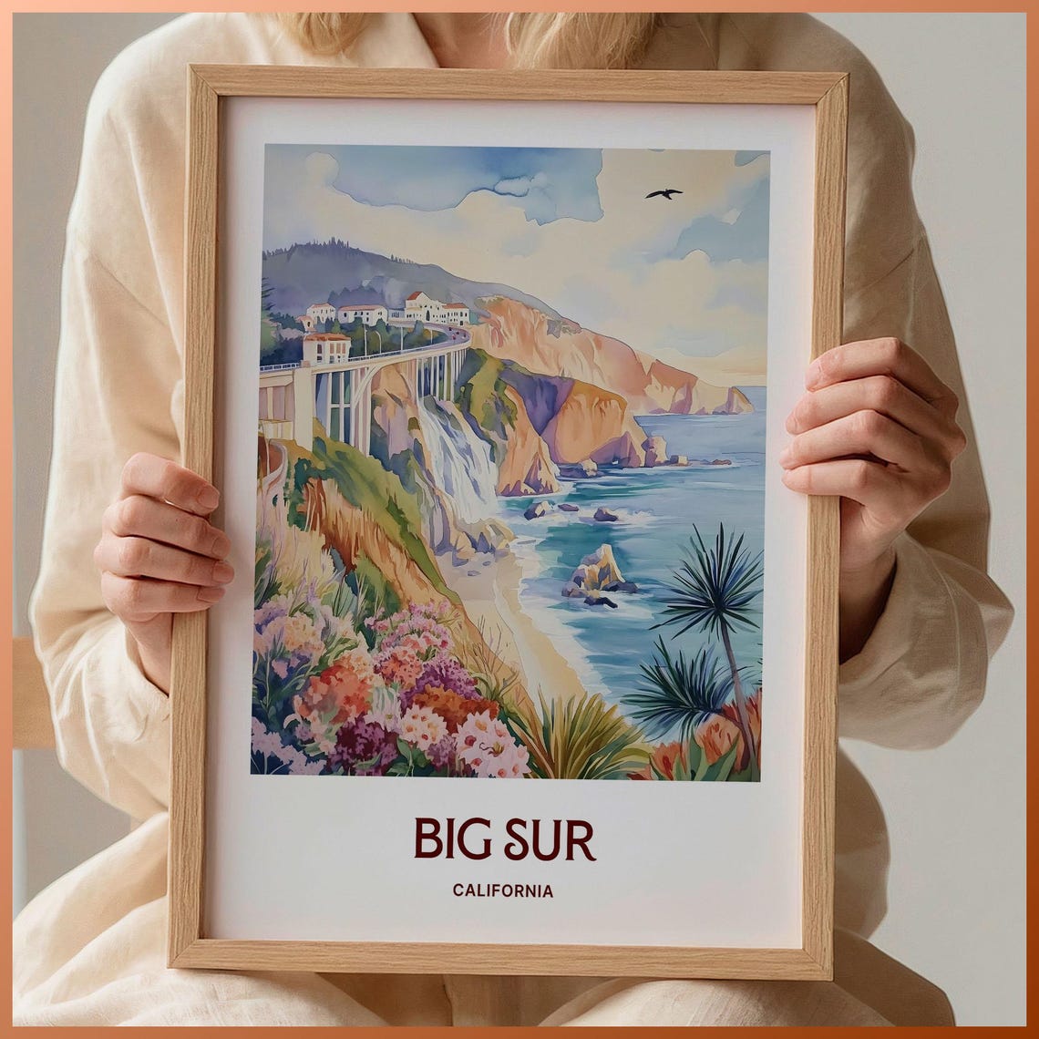 Big Sur California Bixby Bridge Coast Cliffs Watercolor Travel Poster