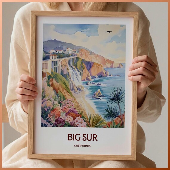 Big Sur California Bixby Bridge Coast Cliffs Watercolor Travel Poster