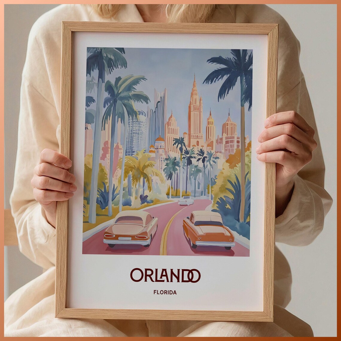 Orlando Florida Retro Skyline Palms Classic Cars Travel Art Poster