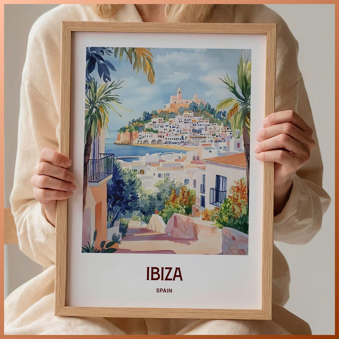 Ibiza Spain Old Town Hilltop Fortress Whitewashed Watercolor Travel Poster