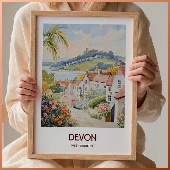 Devon West Country Coastal Town Abbey Hill Watercolor Travel Poster