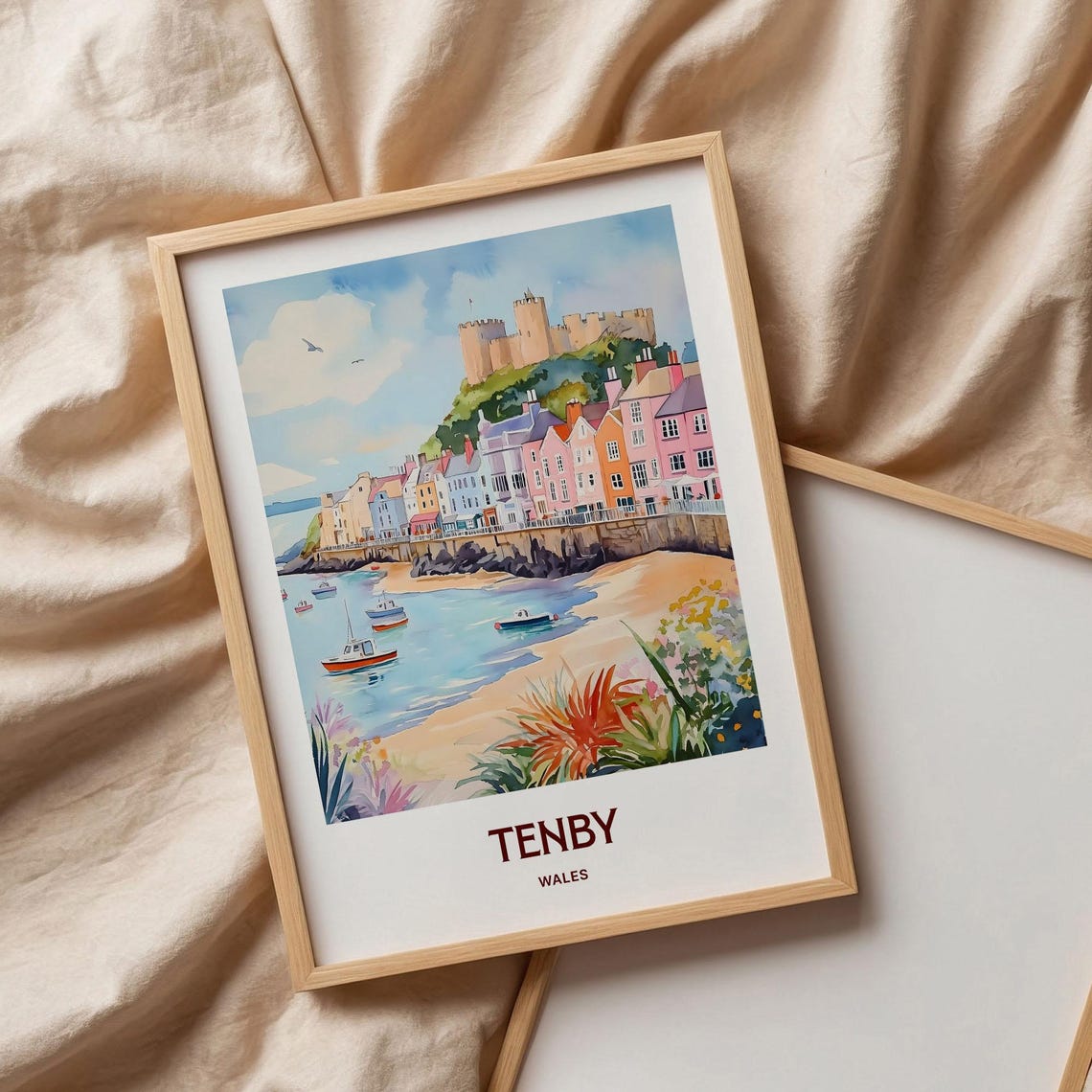 Tenby Wales Harbor Castle Colorful Seafront Watercolor Poster - Image 3