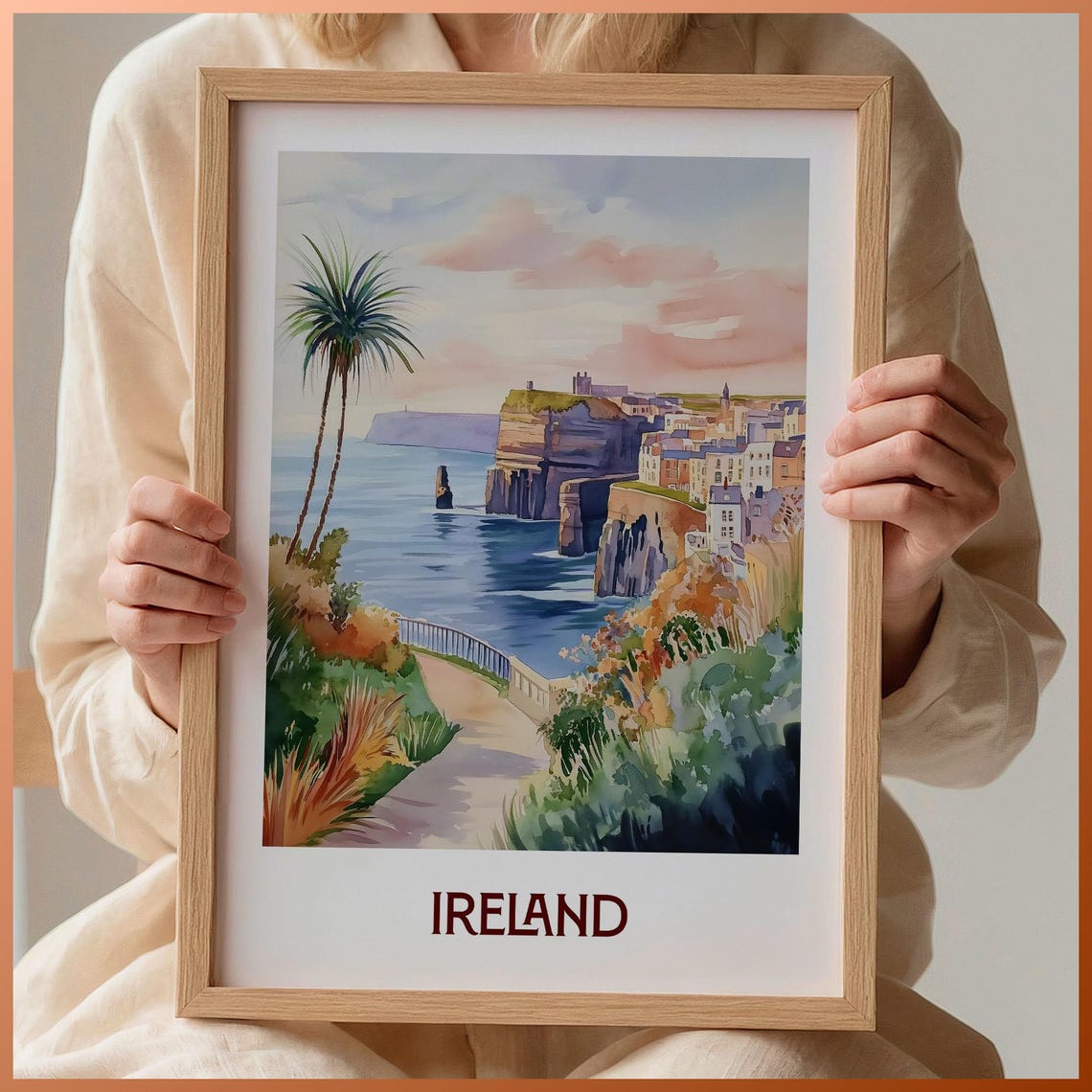 Ireland Sea Cliffs Coastal Town Watercolor Travel Poster Atlantic