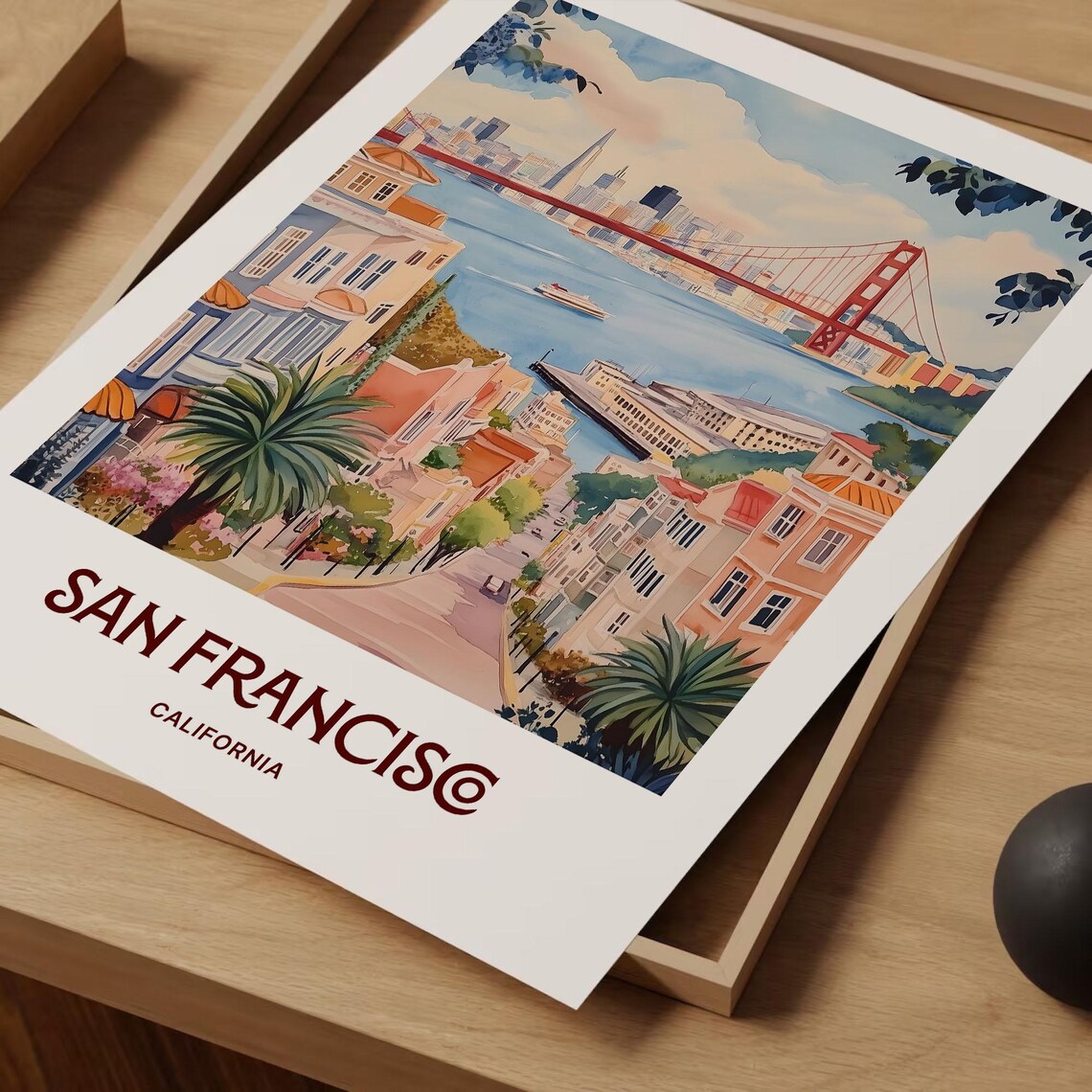 San Francisco Golden Gate Bridge Hills Watercolor Travel Poster - Image 2