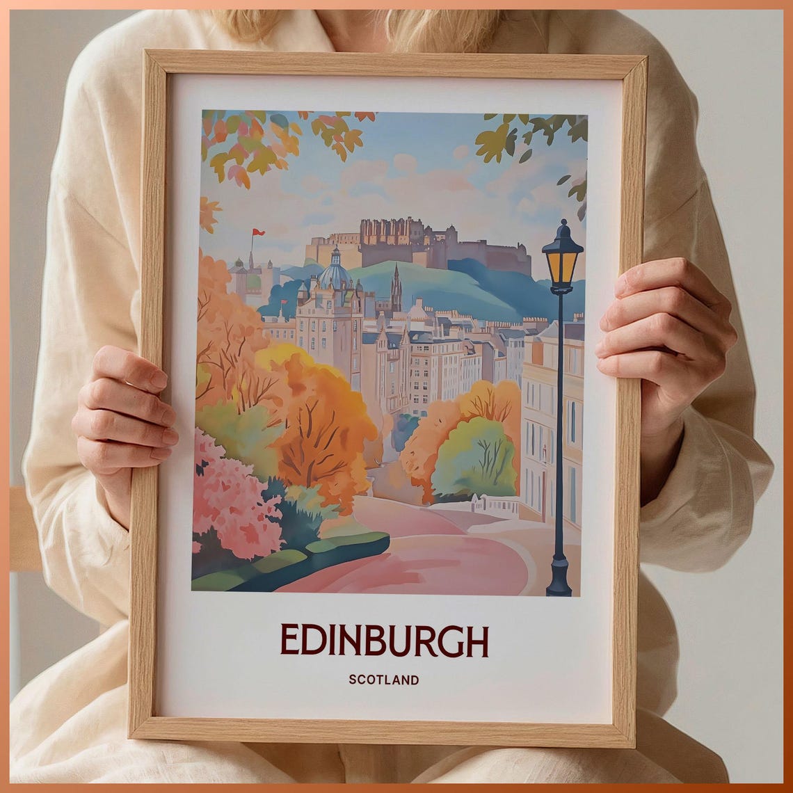 Edinburgh Scotland Castle Autumn Park Vintage Lamp Post Travel Poster