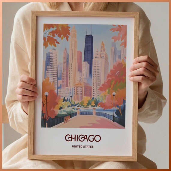 Chicago United States Pastel Skyline Autumn Park Scene Poster