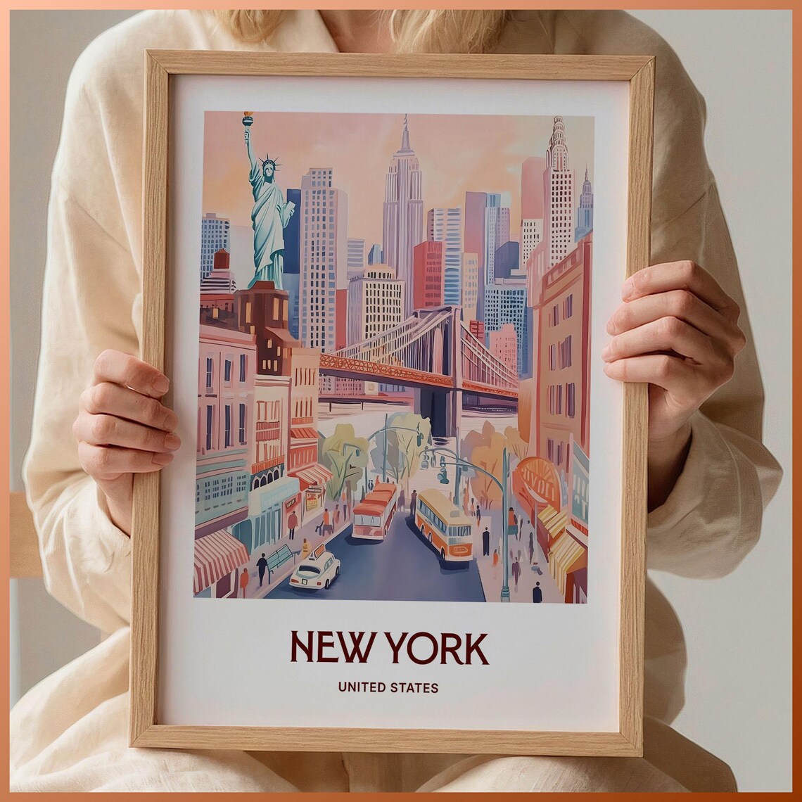 New York Skyline Brooklyn Bridge Buses Manhattan Watercolor Travel Poster