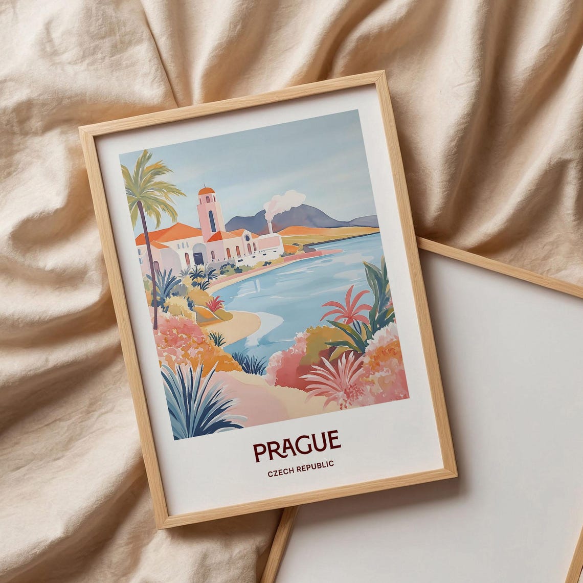 Prague Czech Republic Tropical Palm Waterfront Artwork Scene Poster - Image 3