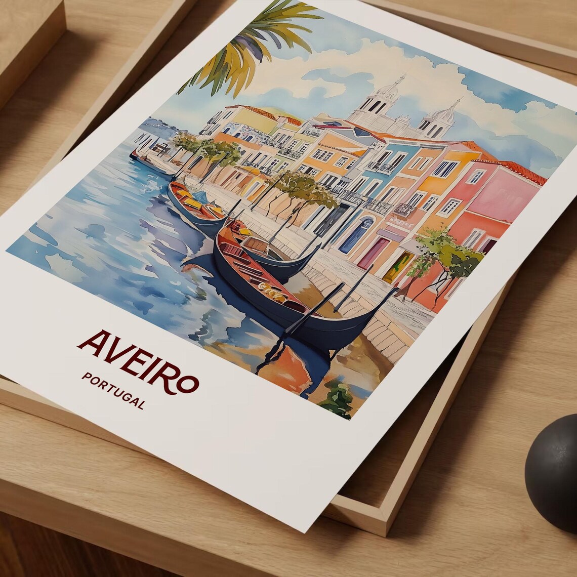 Aveiro Portugal Canal Boats Colorful Houses Watercolor Travel Poster Art - Image 2