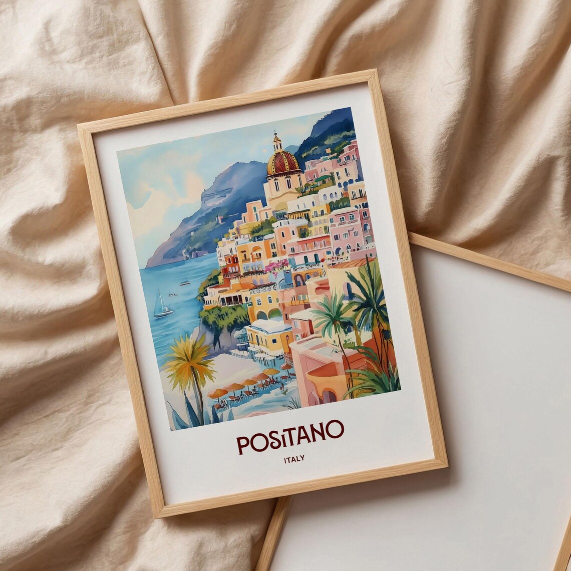 Positano Italy Cliffside Town Dome Church Sailboat Watercolor Travel Poster - Image 3