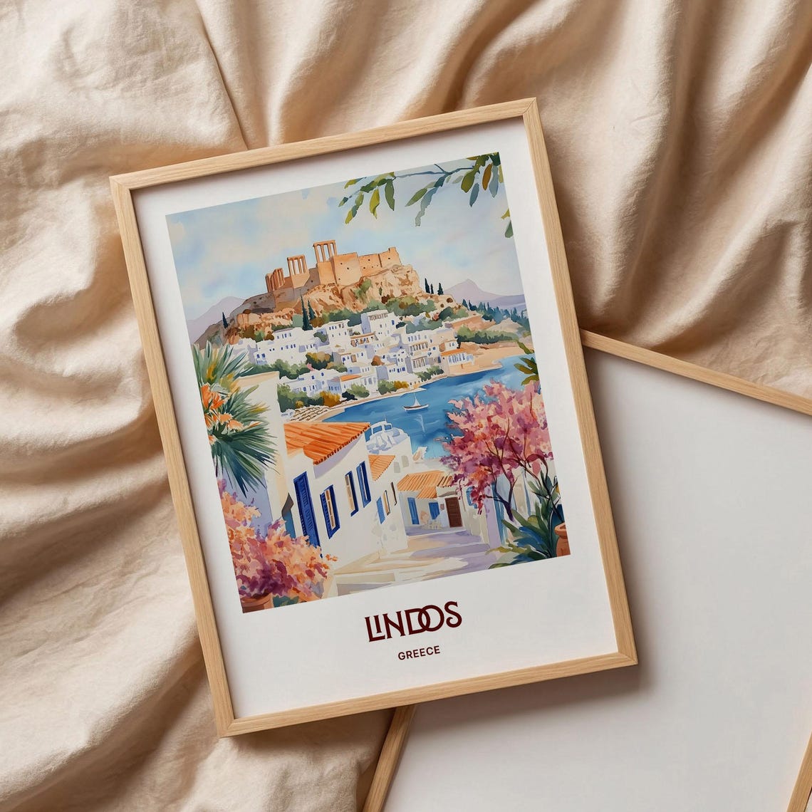 Lindos Rhodes Greece Watercolor Acropolis Harbor Town Poster - Image 3