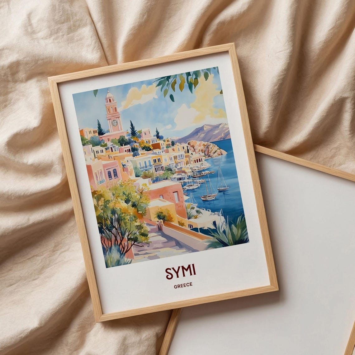 Symi Greece Pastel Harbor Clock Tower Watercolor Travel Poster Island - Image 3