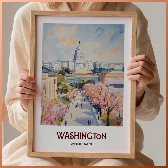 Washington DC Capitol Cherry Blossoms Watercolor Travel Poster