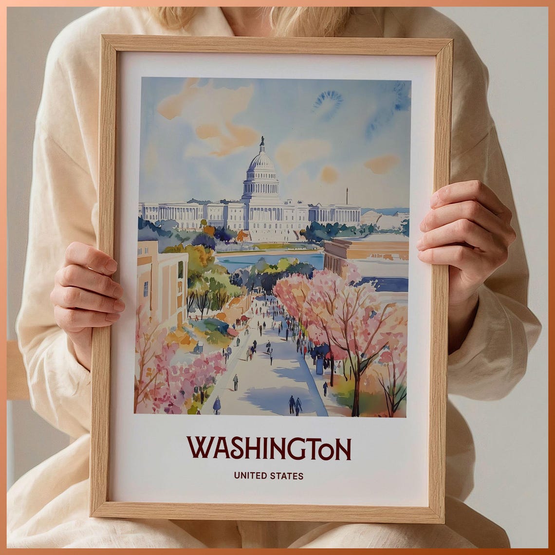 Washington DC Capitol Cherry Blossoms Watercolor Travel Poster