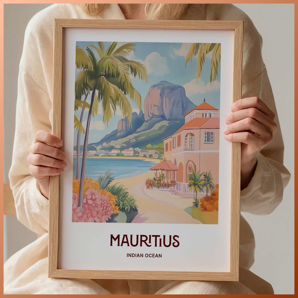 Mauritius Indian Ocean Palm Beach Villa Watercolor Travel Poster