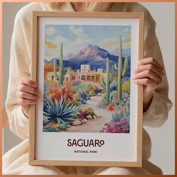 Saguaro National Park Arizona Desert Cacti Watercolor Travel Poster Art