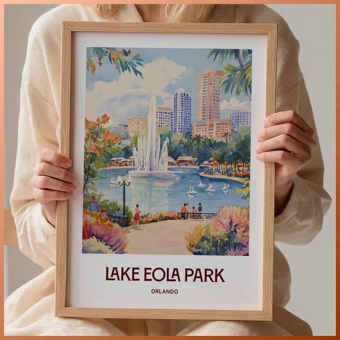 Lake Eola Park Orlando Watercolor Swan Fountain City Skyline Art Poster