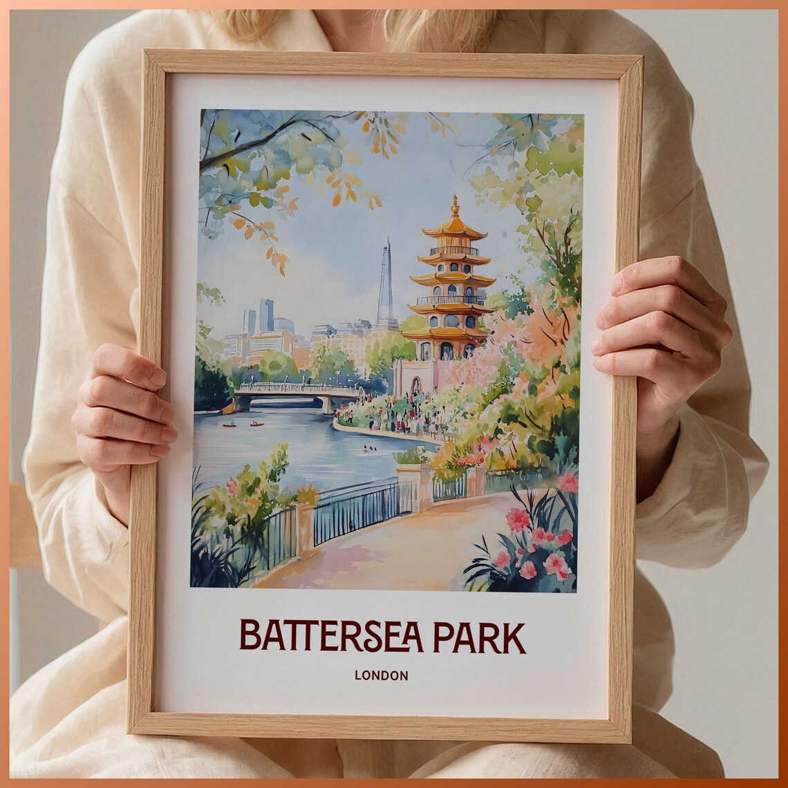 Battersea Park London Watercolor Peace Pagoda Gardens Poster