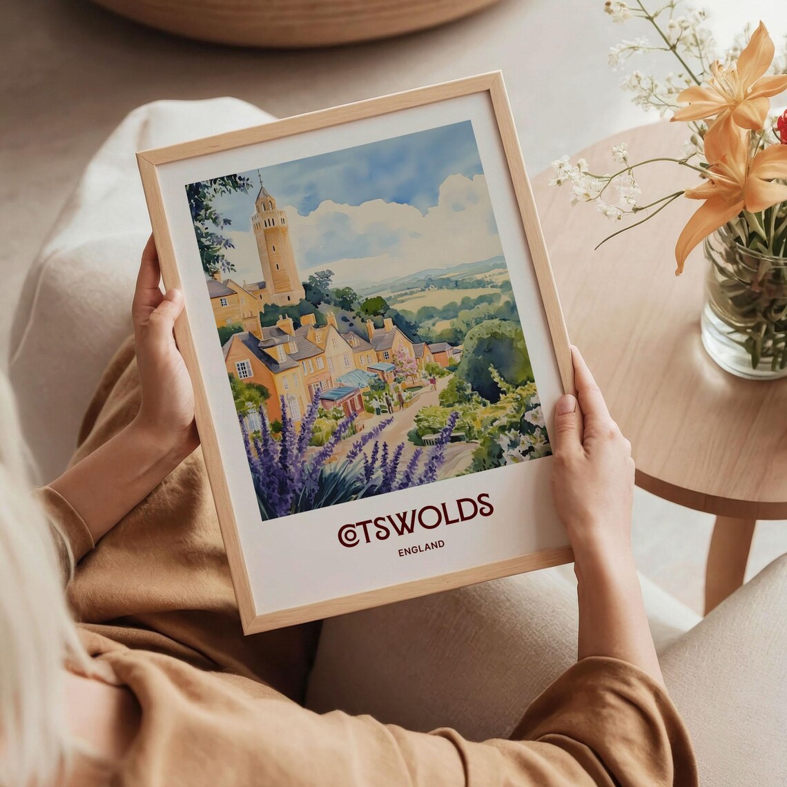 Cotswolds England Village Church Tower Lavender Watercolor Travel Poster - Image 5