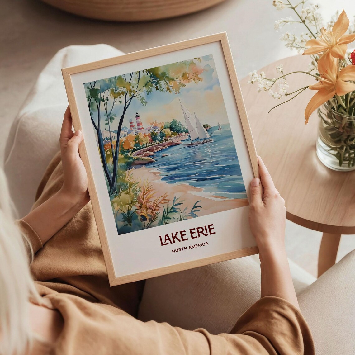 Lake Erie North America Lighthouse Sailboat Watercolor Shore Poster - Image 5