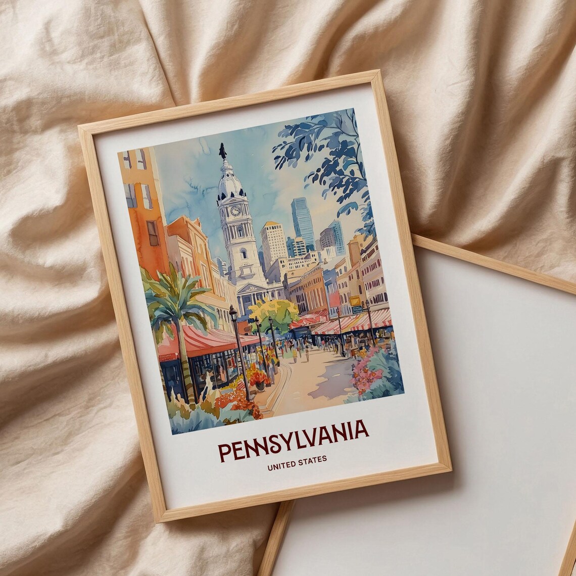 Philadelphia City Hall Historic Street Watercolor Travel Poster - Image 3