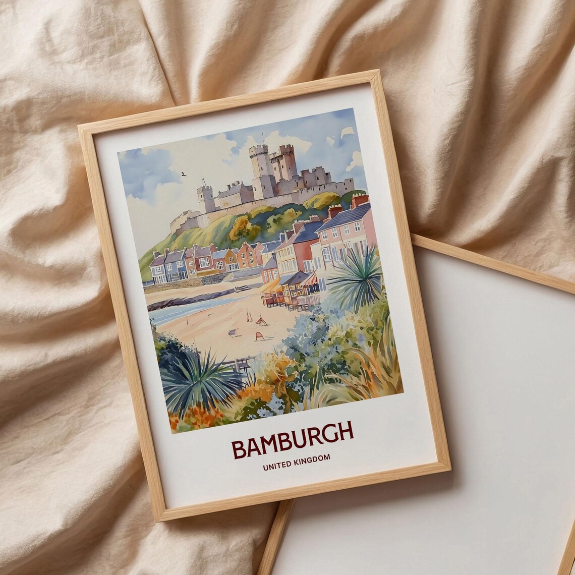 Bamburgh Castle Beach United Kingdom Watercolor Travel Poster - Image 3