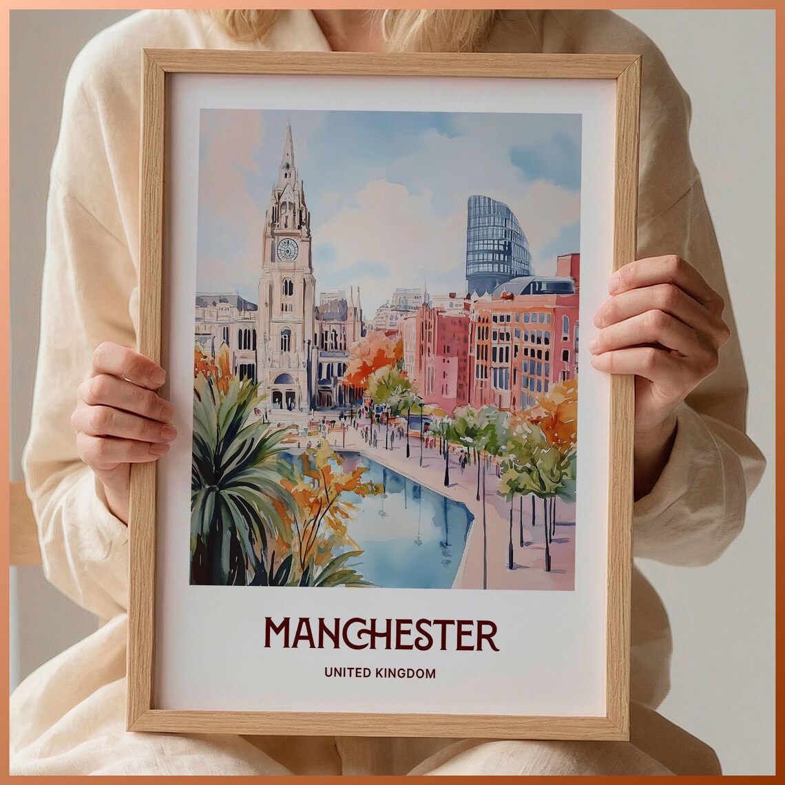 Manchester United Kingdom Town Hall Canal Watercolor Travel Poster