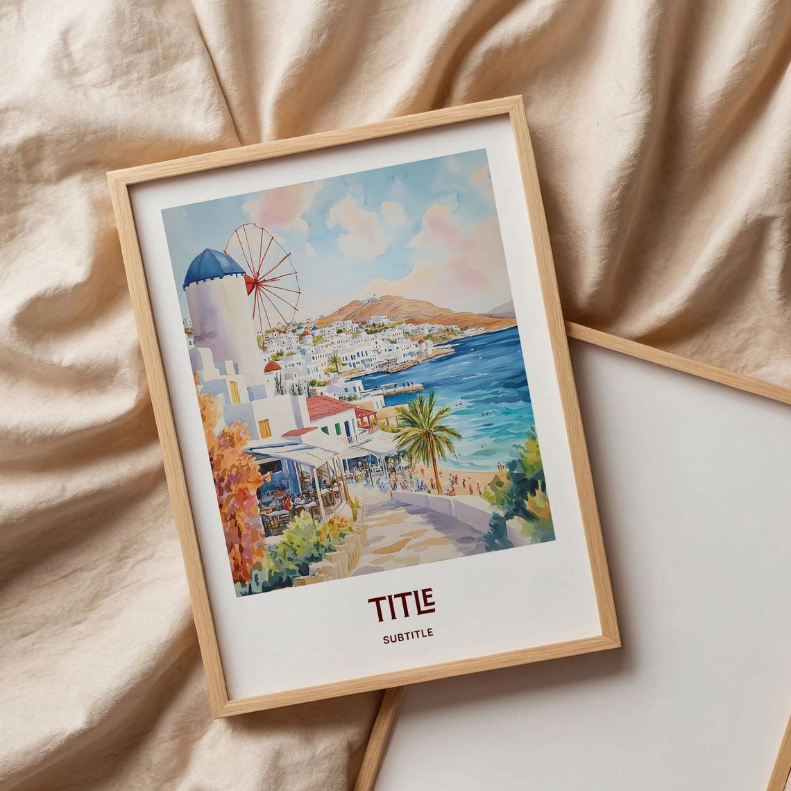 Mykonos Windmill Watercolor Greek Island Harbor Scene Poster - Image 3