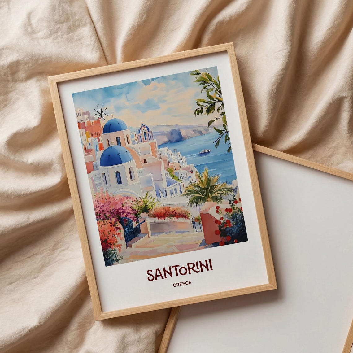 Santorini Blue Domes Caldera Greece Watercolor Travel Poster - Image 3