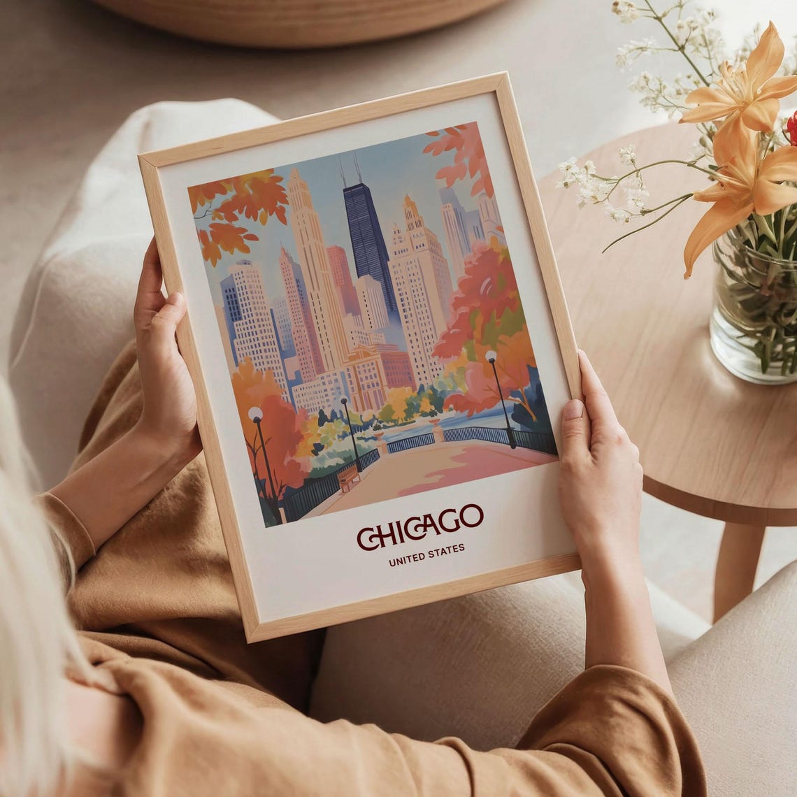Chicago United States Pastel Skyline Autumn Park Scene Poster - Image 5