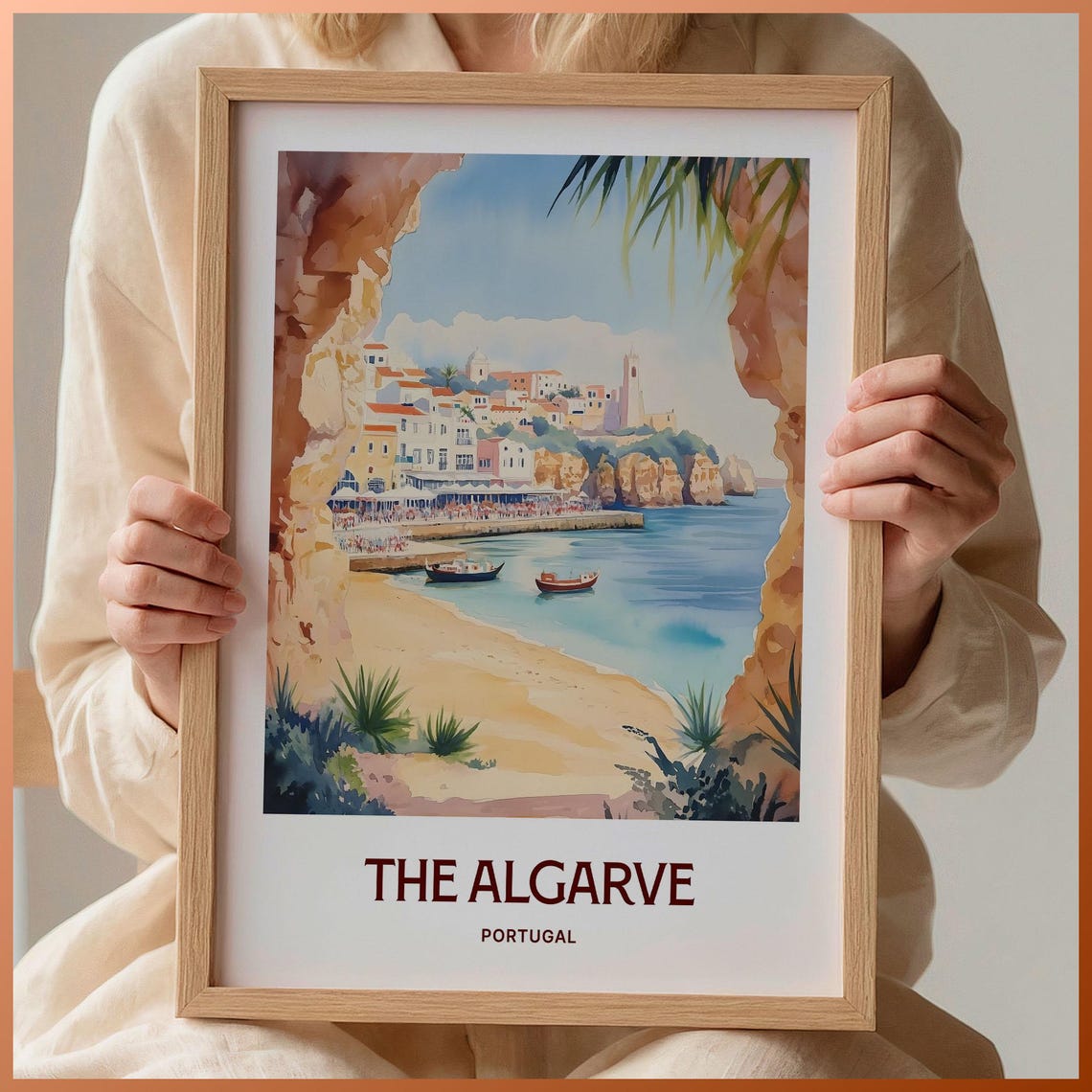 The Algarve Portugal Cove Beach Cliffs Watercolor Travel Poster