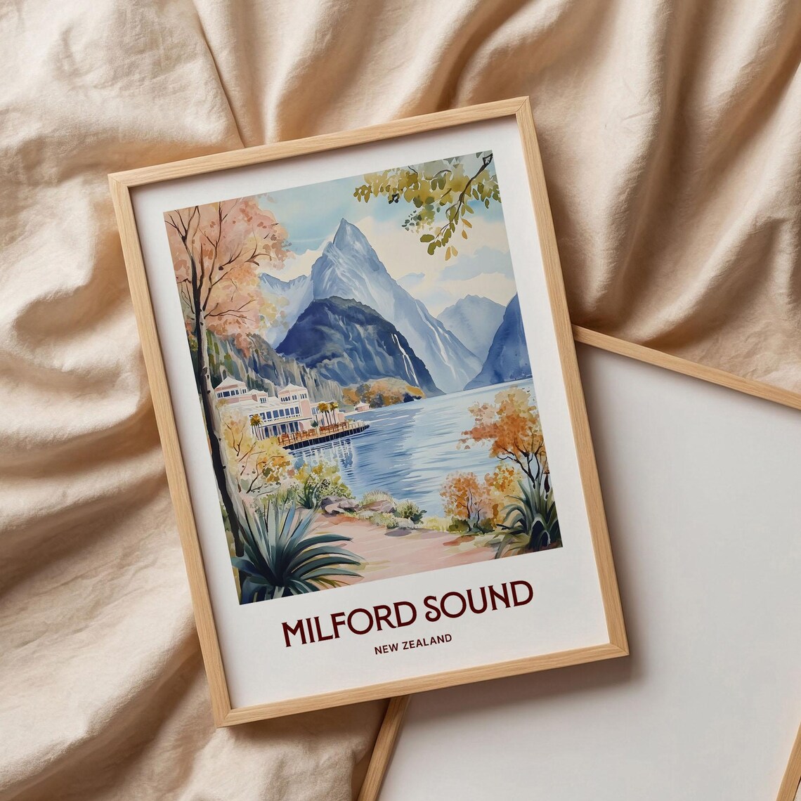 Milford Sound New Zealand Fjord Mountains Watercolor Travel Poster - Image 3