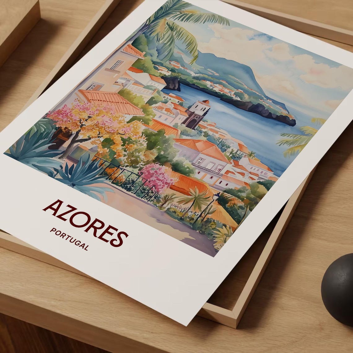 Azores Island Coastal Town Portugal Watercolor Travel Poster - Image 2