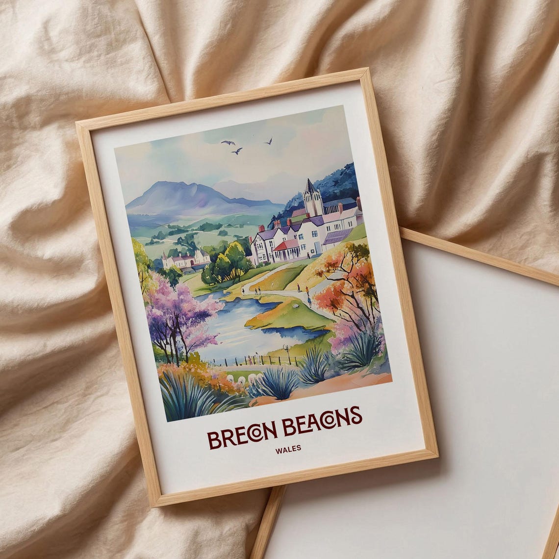 Brecon Beacons Wales Village River Mountain Watercolor Travel Poster - Image 3