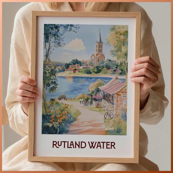 Rutland Water Poster Normanton Church Art Print Vintage Travel Wall Art Leicestershire Decor Oakham Castle Illustration C35 972